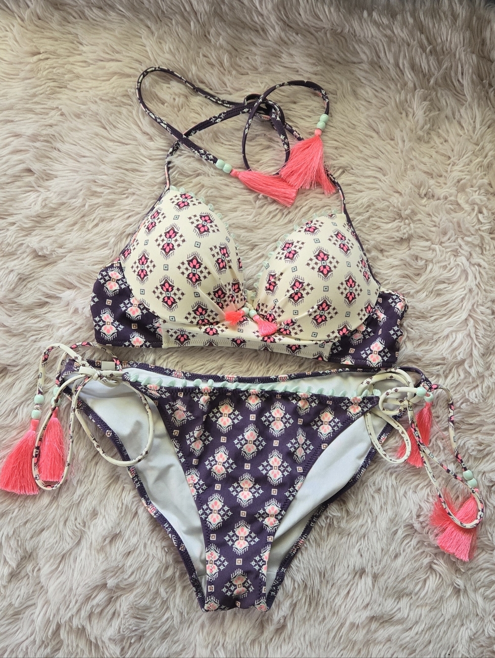 Victoria's Secret Purple, White Bikini with Pink Tassels | 34A / Large Bottoms